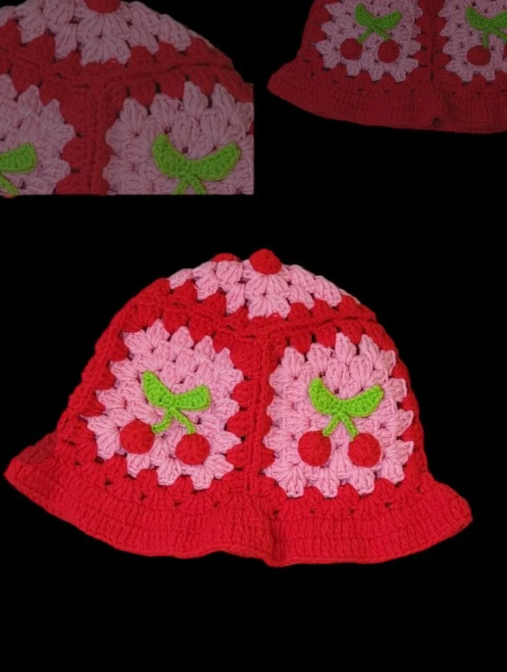 Women's Handmade Crochet Cherry Bucket Hat - Red & Pink